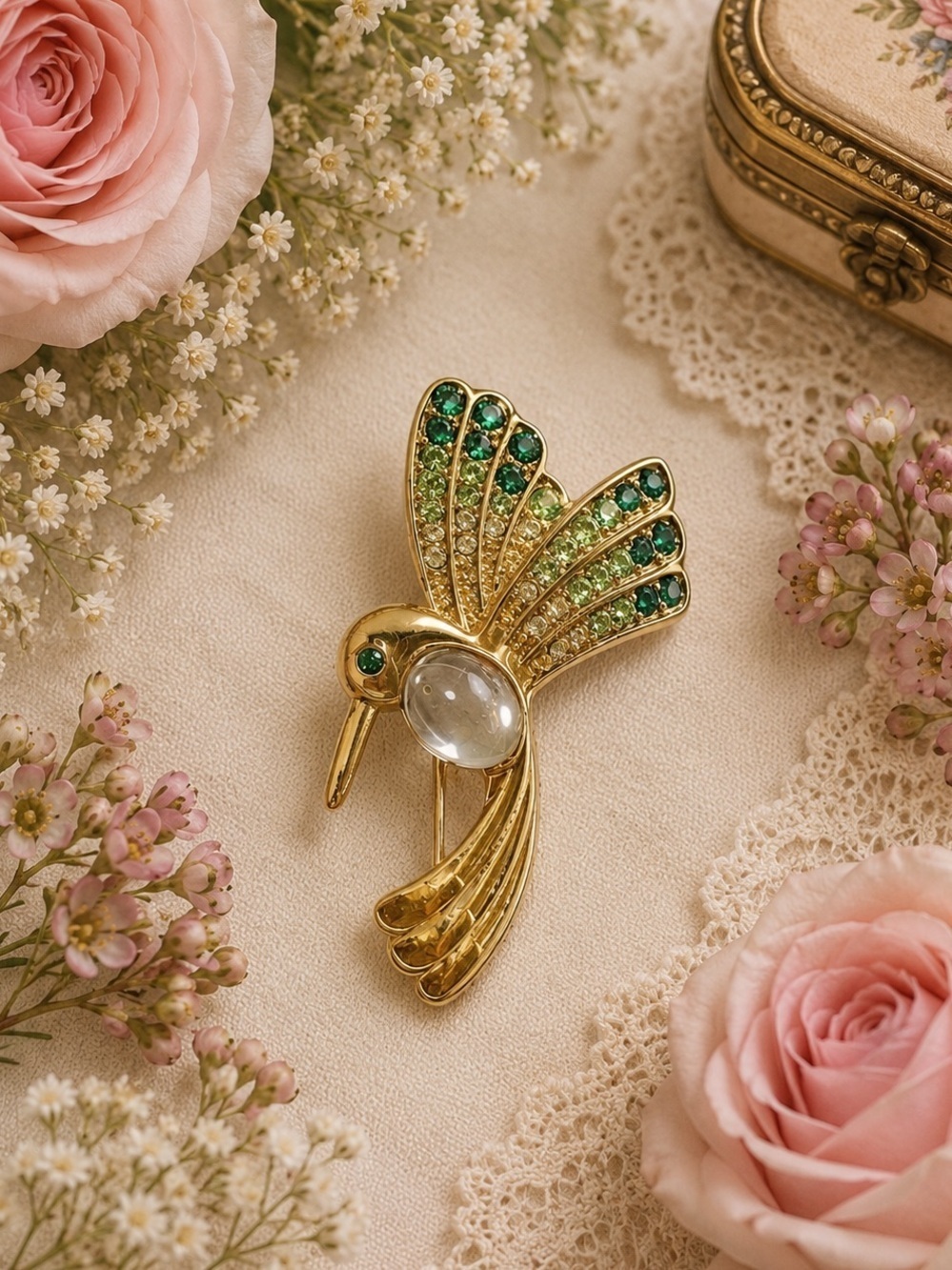 Monet Gold and Crystal Hummingbird Signed Brooch